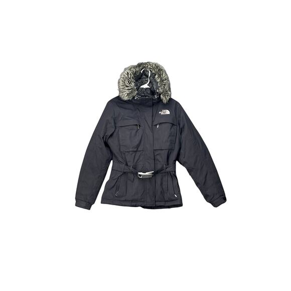 The North Face Belted Coat Goose Down Parka Jacket Women Sz S Black Hyvent - Picture 1 of 14